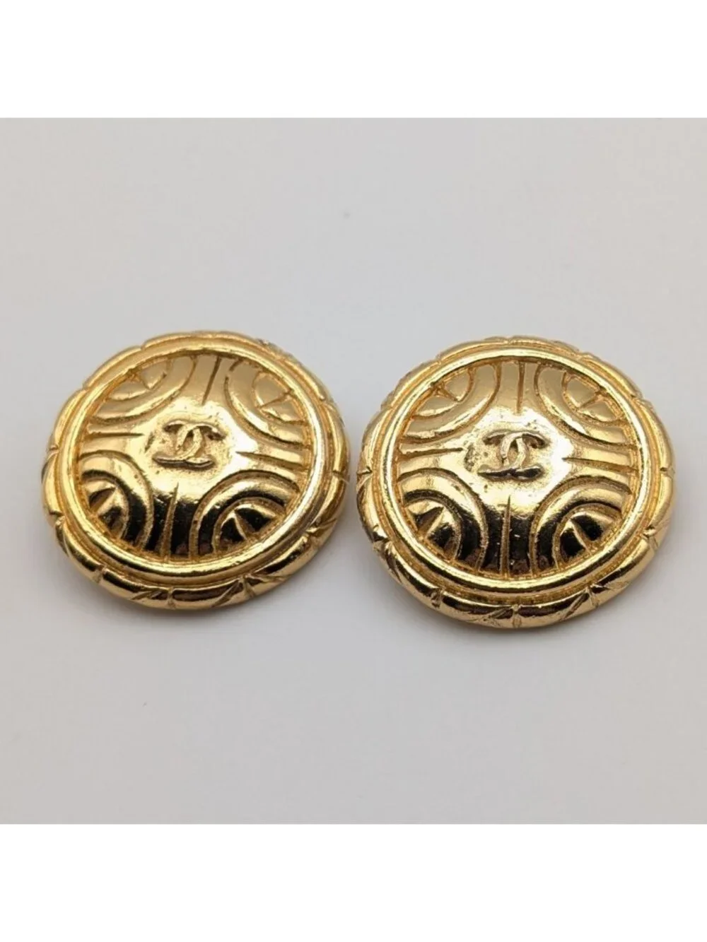 Chanel Earrings CC Logo Gold Large Round First Era Vintage